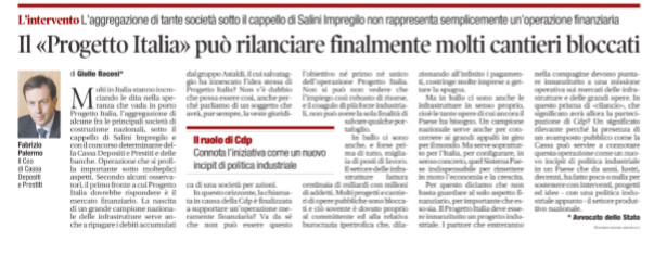 Giulio Bacosi su “Il Tempo”: “Il Progetto Italia può rilanciare finalmente molti cantieri bloccati”