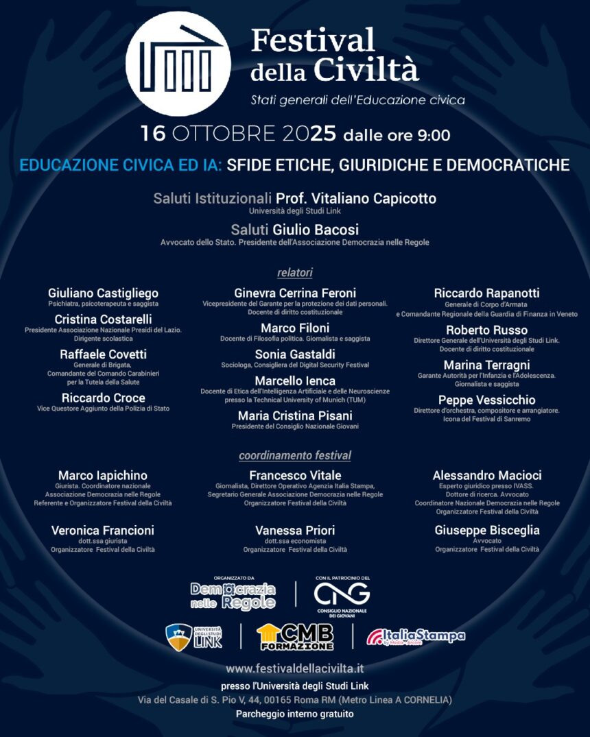 A Roma il primo Festival della Civiltà su Educazione Civica e Intelligenza Artificiale